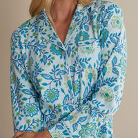 Printed Peruvian Cotton Women's Button-Down Pajama Set - Floral Trail Blue, XXL,Floral Trail Blue