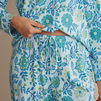 Printed Peruvian Cotton Women's Button-Down Pajama Set - Floral Trail Blue, XXL,Floral Trail Blue