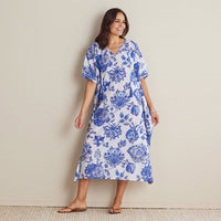 Printed Voile Women's Caftan Dress - Watercolor Floral Deep Blue, XS/S,Watercolor Floral Deep Blue