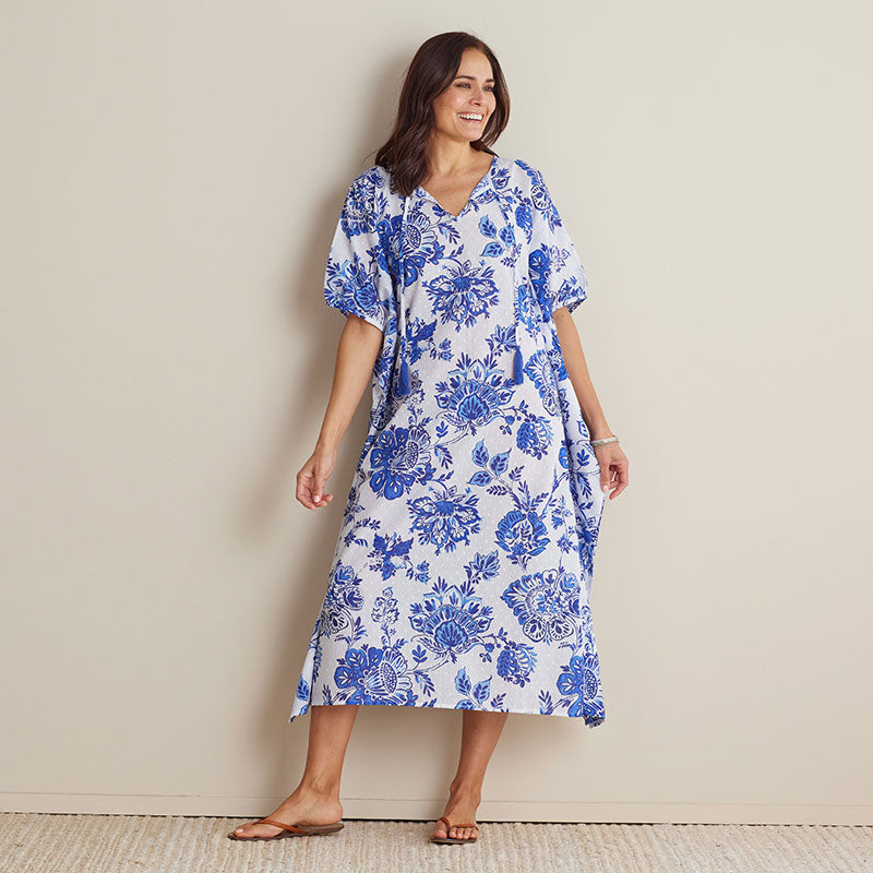 Printed Voile Women's Caftan Dress - Watercolor Floral Deep Blue, XS/S,Watercolor Floral Deep Blue