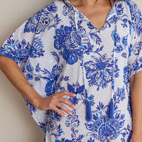 Printed Voile Women's Caftan Dress - Watercolor Floral Deep Blue, XS/S,Watercolor Floral Deep Blue