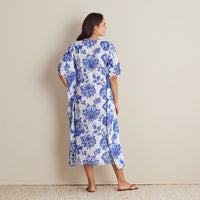 Printed Voile Women's Caftan Dress - Watercolor Floral Deep Blue, XS/S,Watercolor Floral Deep Blue