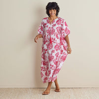 Printed Voile Women's Caftan Dress - Watercolor Floral Deep Pink, XS/S,Watercolor Floral Deep Pink