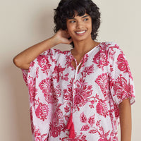 Printed Voile Women's Caftan Dress - Watercolor Floral Deep Pink, XS/S,Watercolor Floral Deep Pink