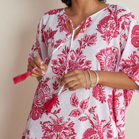 Printed Voile Women's Caftan Dress - Watercolor Floral Deep Pink, XS/S,Watercolor Floral Deep Pink