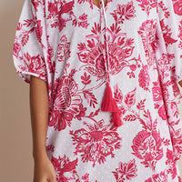 Printed Voile Women's Caftan Dress - Watercolor Floral Deep Pink, XS/S,Watercolor Floral Deep Pink