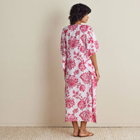 Printed Voile Women's Caftan Dress - Watercolor Floral Deep Pink, XS/S,Watercolor Floral Deep Pink