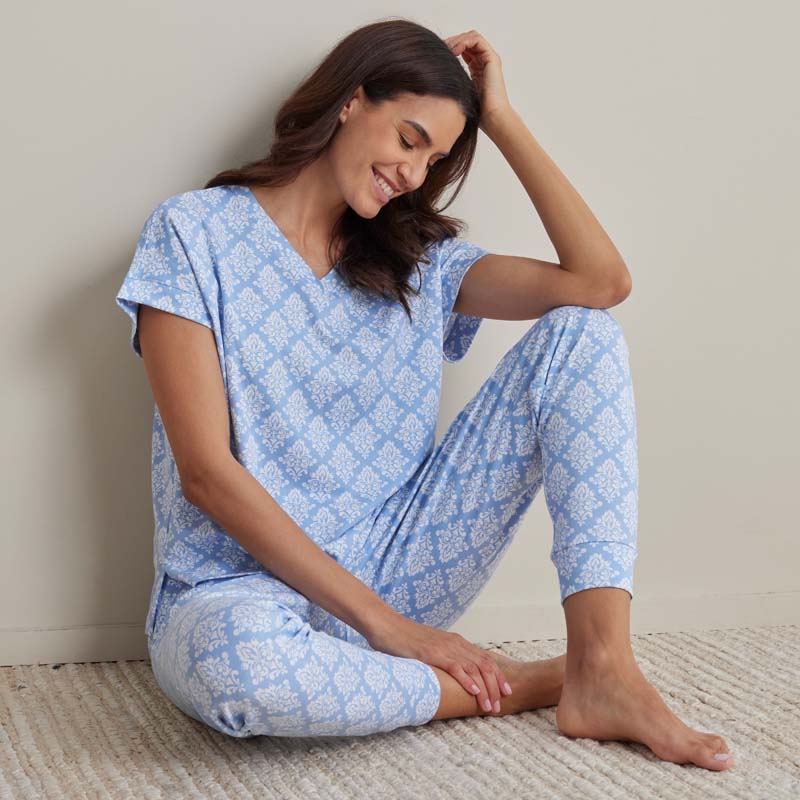 Printed Pima Cotton Women's Jogger Pants Pajama Set - Lisbon Blue, S,Lisbon Blue