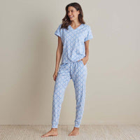 Printed Pima Cotton Women's Jogger Pants Pajama Set - Lisbon Blue, S,Lisbon Blue