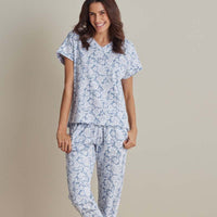 Printed Pima Cotton Women's Jogger Pants Pajama Set - Blue Garden, XXL,Blue Garden