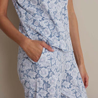 Printed Pima Cotton Women's Jogger Pants Pajama Set - Blue Garden, XXL,Blue Garden