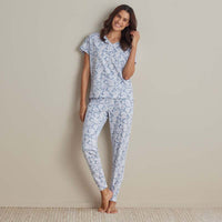 Printed Pima Cotton Women's Jogger Pants Pajama Set - Blue Garden, XXL,Blue Garden