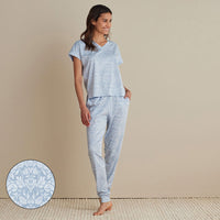 Printed Pima Cotton Women's Jogger Pants Pajama Set - Damask Blue, XXL,Damask Blue