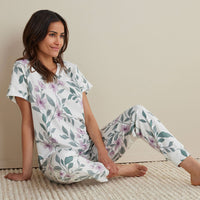 Printed Pima Cotton Women's Jogger Pants Pajama Set - Quiet Garden, XXL,Quiet Garden