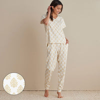Printed Pima Cotton Women's Jogger Pants Pajama Set - Butti Bouquet, XXL,Butti Bouquet