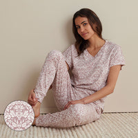 Printed Pima Cotton Women's Jogger Pants Pajama Set - Damask Taupe, XXL,Damask Taupe