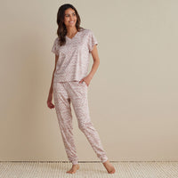 Printed Pima Cotton Women's Jogger Pants Pajama Set - Damask Taupe, XXL,Damask Taupe