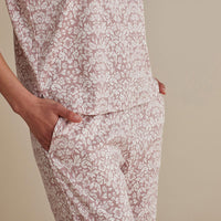 Printed Pima Cotton Women's Jogger Pants Pajama Set - Damask Taupe, XXL,Damask Taupe