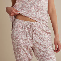 Printed Pima Cotton Women's Jogger Pants Pajama Set - Damask Taupe, XXL,Damask Taupe