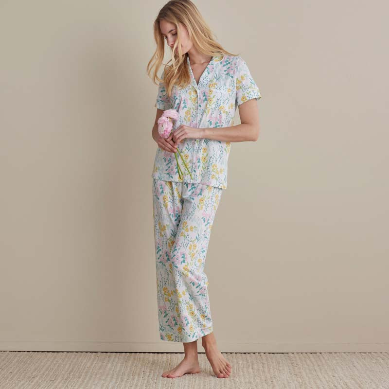 Cotton Modal Women's Cropped Pants Pajama Set - Spring Garden, S,Spring Garden