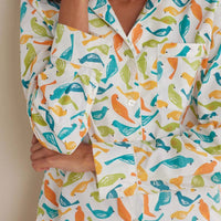 Printed Poplin Women's Button-Down Pajama Set - Spring Birds, XXL,Spring Birds
