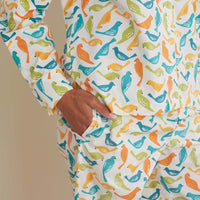 Printed Poplin Women's Button-Down Pajama Set - Spring Birds, XXL,Spring Birds