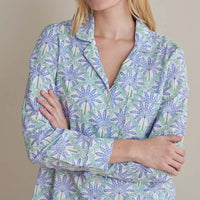 Printed Poplin Women's Button-Down Pajama Set - Blue Palm, XS,Blue Palm
