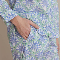 Printed Poplin Women's Button-Down Pajama Set - Blue Palm, XS,Blue Palm