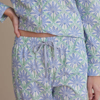 Printed Poplin Women's Button-Down Pajama Set - Blue Palm, XS,Blue Palm