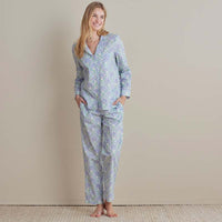 Printed Poplin Women's Button-Down Pajama Set - Blue Palm, XS,Blue Palm