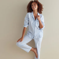 Printed Poplin Women's Button-Down Pajama Set - Blue Stripe, XXL,Blue Stripe