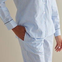 Printed Poplin Women's Button-Down Pajama Set - Blue Stripe, XXL,Blue Stripe