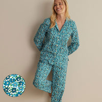 Printed Poplin Women's Button-Down Pajama Set - Blossom Blue, XXL,Blossom Blue