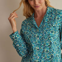 Printed Poplin Women's Button-Down Pajama Set - Blossom Blue, XXL,Blossom Blue