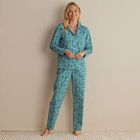 Printed Poplin Women's Button-Down Pajama Set - Blossom Blue, XXL,Blossom Blue