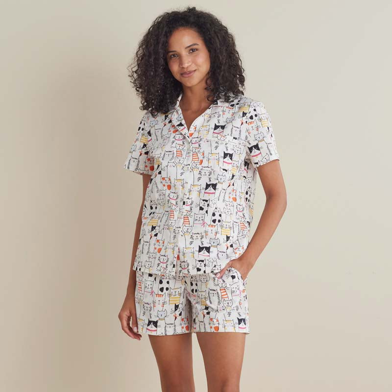Printed Poplin Women's Shorts Set - Kittie Party, M,Kittie Party