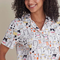 Printed Poplin Women's Shorts Set - Kittie Party, M,Kittie Party