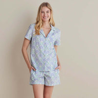 Printed Poplin Women's Shorts Set - Blue Palm, M,Blue Palm