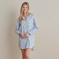 Printed Poplin Women's Nightshirt - Blue Palm, XS,Blue Palm