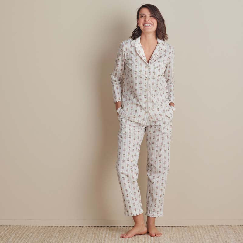 Printed Poplin Women's Long Sleeve Button-Down Pajama Set - Cottage Stripe, S,Cottage Stripe