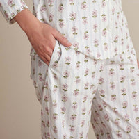 Printed Poplin Women's Long Sleeve Button-Down Pajama Set - Cottage Stripe, S,Cottage Stripe