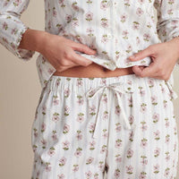 Printed Poplin Women's Long Sleeve Button-Down Pajama Set - Cottage Stripe, S,Cottage Stripe