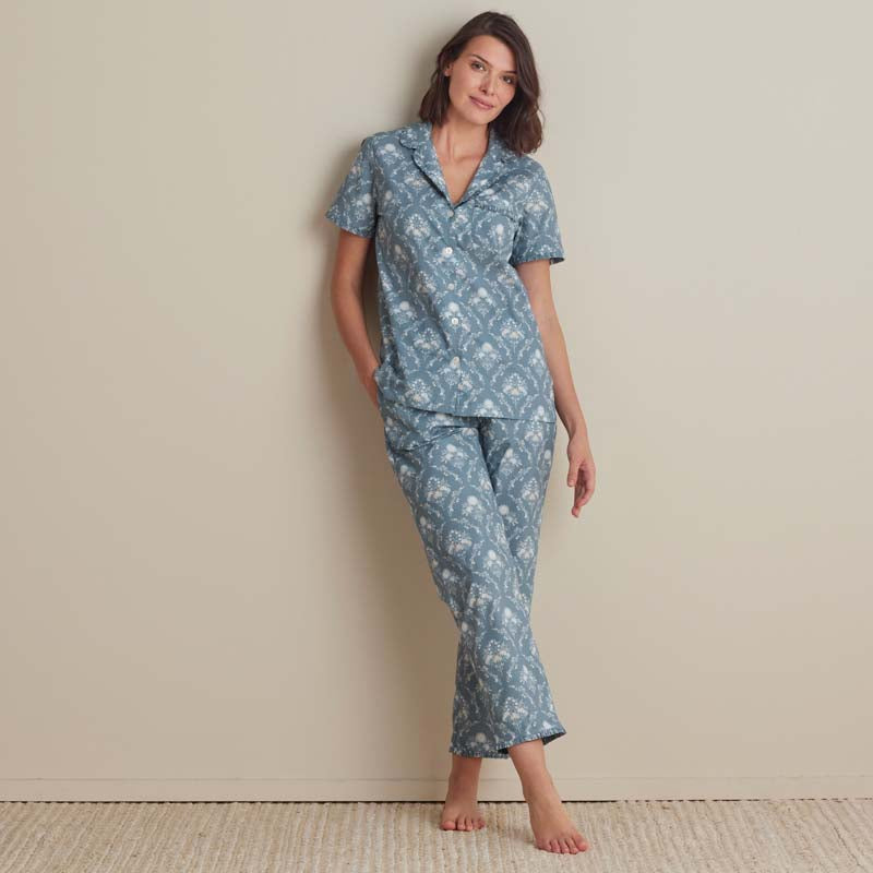 Printed Poplin Women's Short Sleeve Button-Down Pajama Set - Floral Spray, XXL,Floral Spray