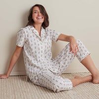 Printed Poplin Women's Short Sleeve Button-Down Pajama Set - Cottage Stripe, XXL,Cottage Stripe