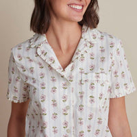 Printed Poplin Women's Short Sleeve Button-Down Pajama Set - Cottage Stripe, XXL,Cottage Stripe