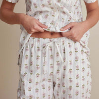 Printed Poplin Women's Short Sleeve Button-Down Pajama Set - Cottage Stripe, XXL,Cottage Stripe