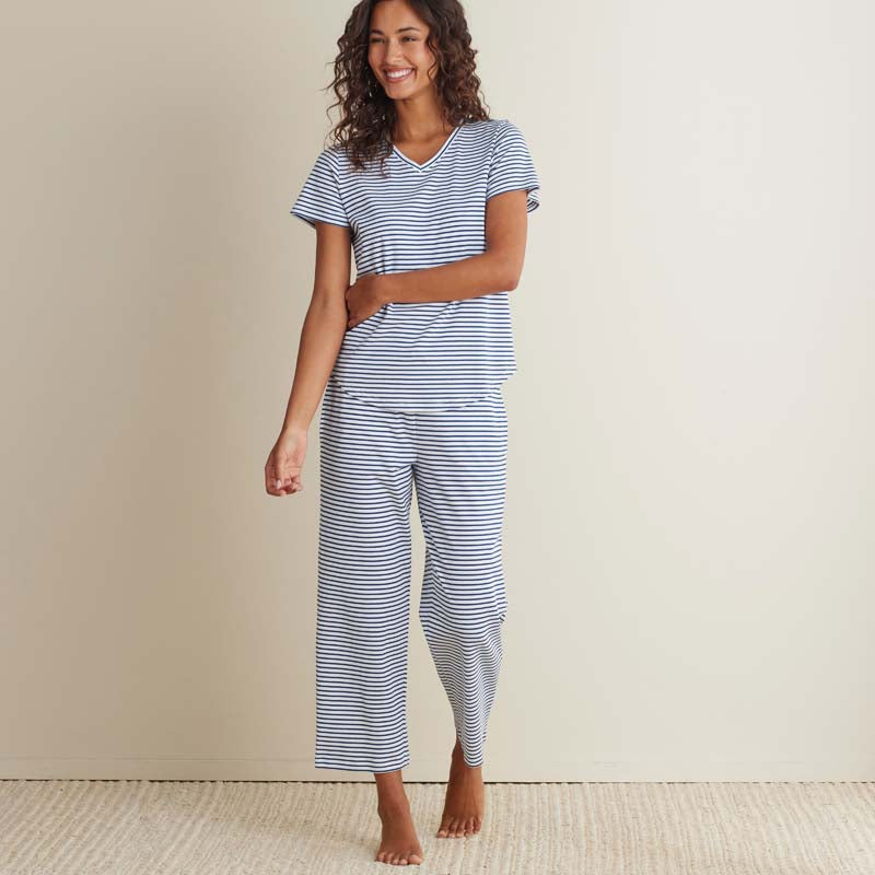 Yarn-Dyed Stripe Pima Cotton Women's Cropped Pajama Set - Navy/White, XS,Navy/White
