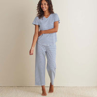 Yarn-Dyed Stripe Pima Cotton Women's Cropped Pajama Set - Navy/White, XS,Navy/White