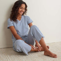 Yarn-Dyed Stripe Pima Cotton Women's Cropped Pajama Set - Navy/White, XS,Navy/White