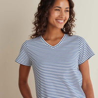 Yarn-Dyed Stripe Pima Cotton Women's Cropped Pajama Set - Navy/White, XS,Navy/White